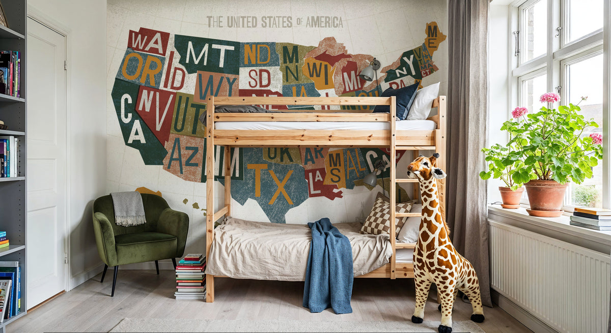 Letterpress USA Map Warm Mural Wallpaper - room preview 06