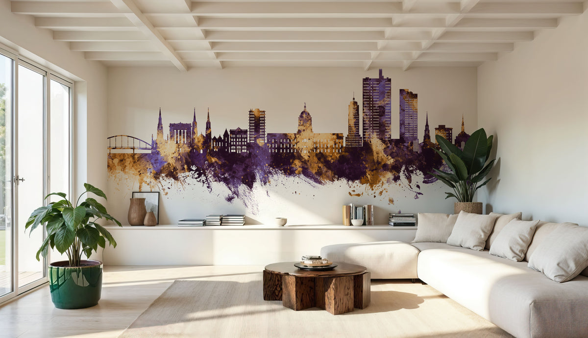 Fort Wayne Indiana Skyline Purple & Gold Mural Wallpaper - room preview 06