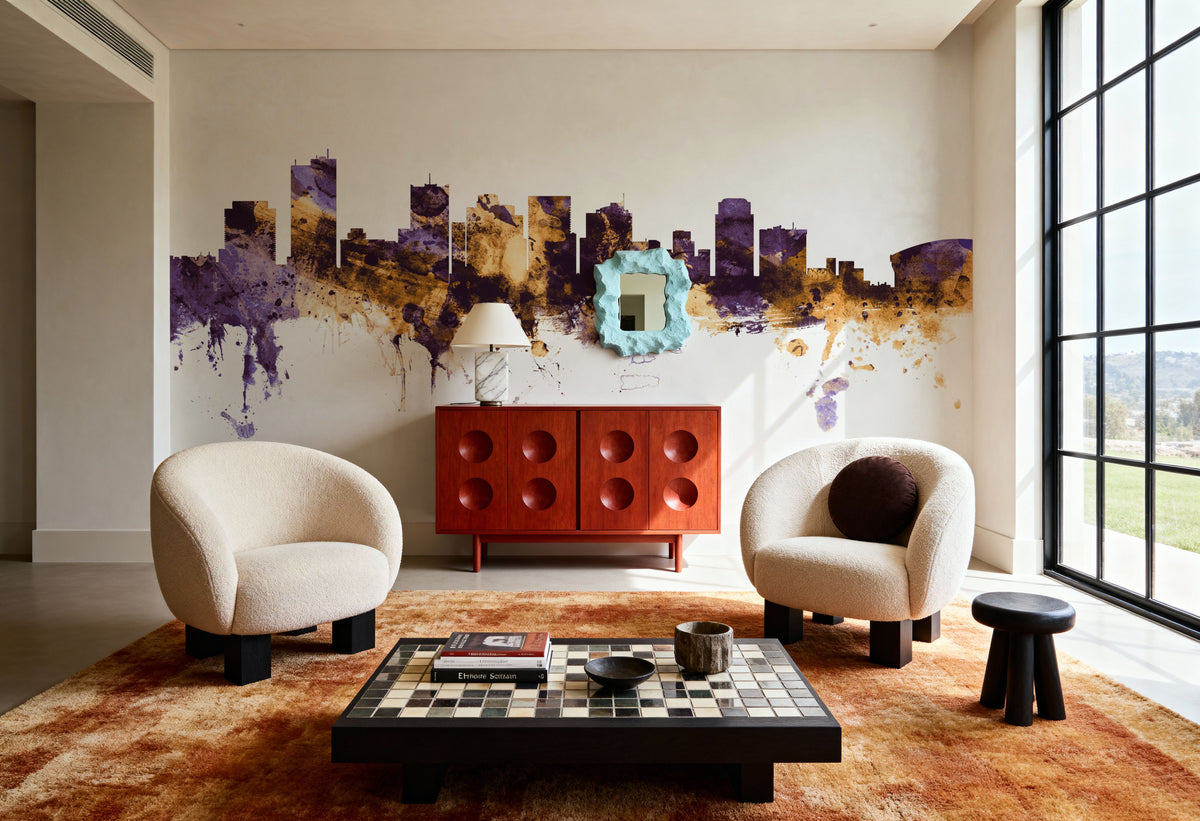 Phoenix Skyline Purple & Gold Mural Wallpaper - room preview 06