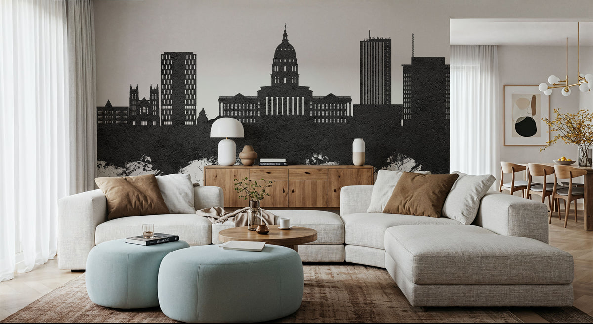 Topeka Wyoming Skyline Black & White Mural Wallpaper - room preview 06