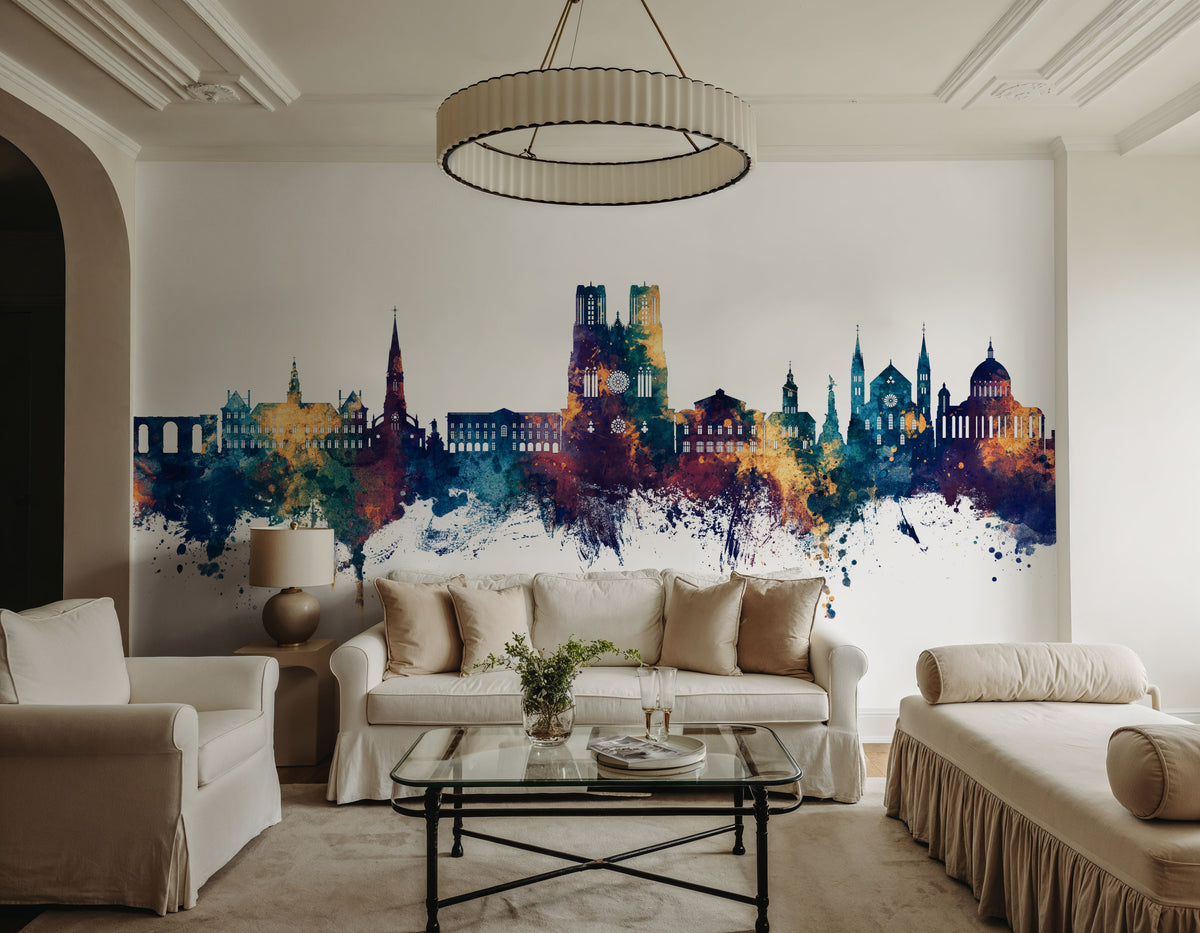 Reims France Skyline Blue & Bronze Mural Wallpaper - room preview 06