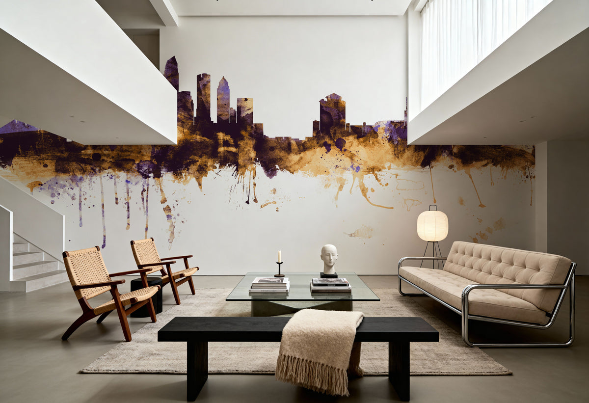 Tampa Florida Skyline Purple & Gold Mural Wallpaper - room preview 06