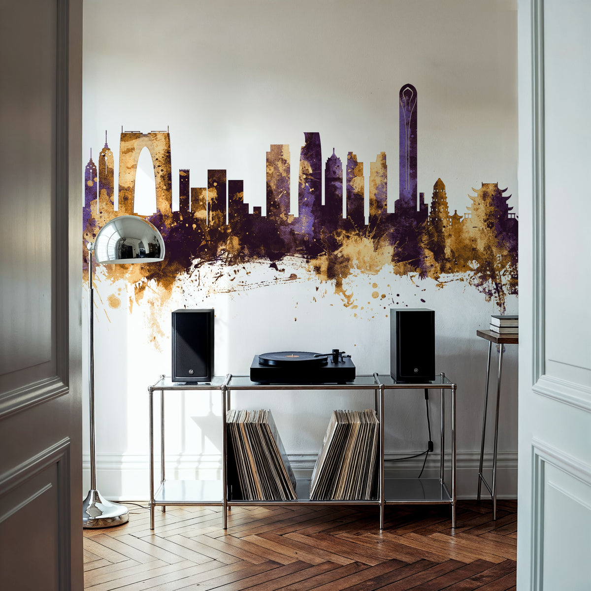 Suzhou China Skyline Purple & Gold Mural Wallpaper - room preview 06