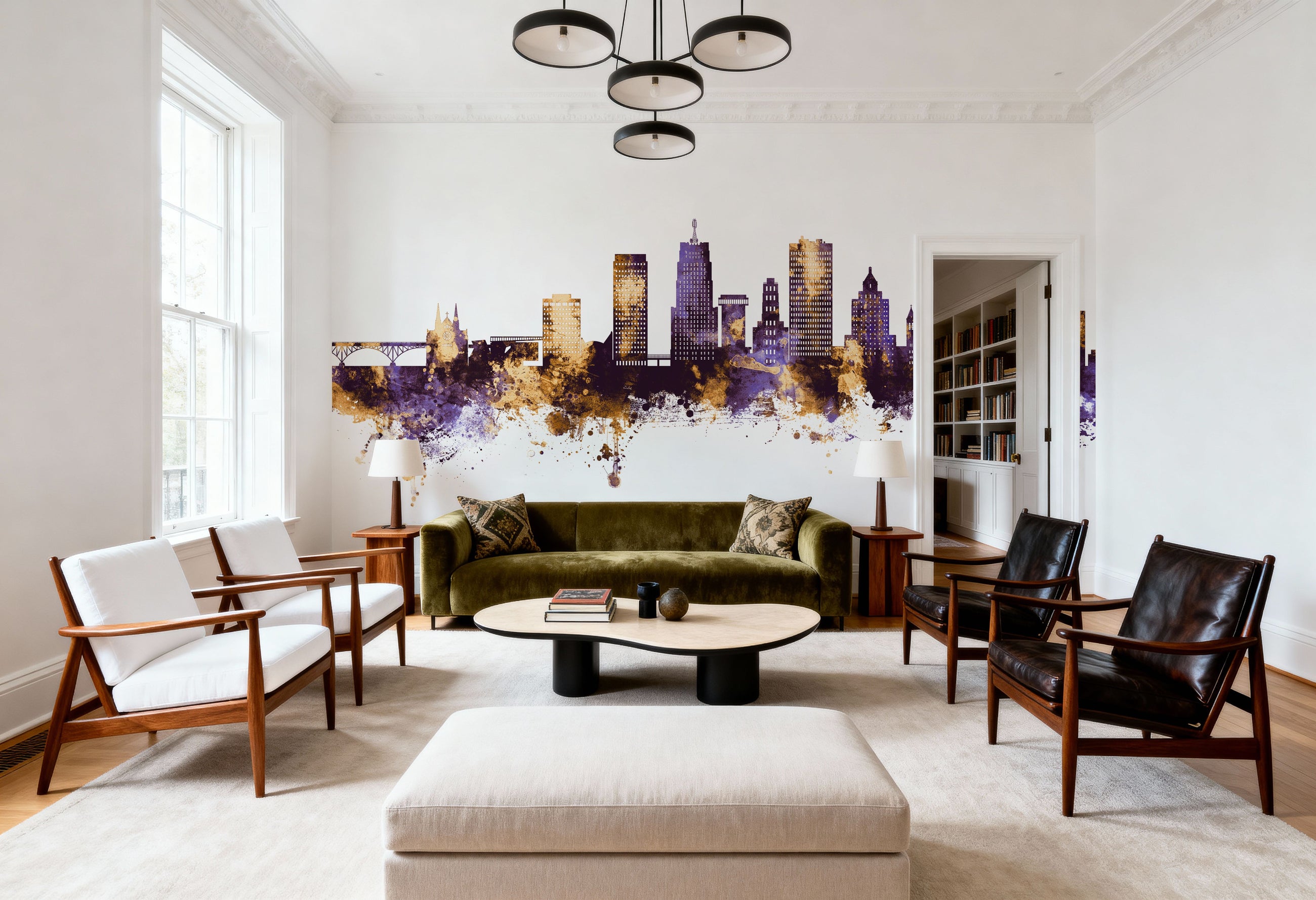 Akron Ohio Skyline Purple & Gold Mural Wallpaper
