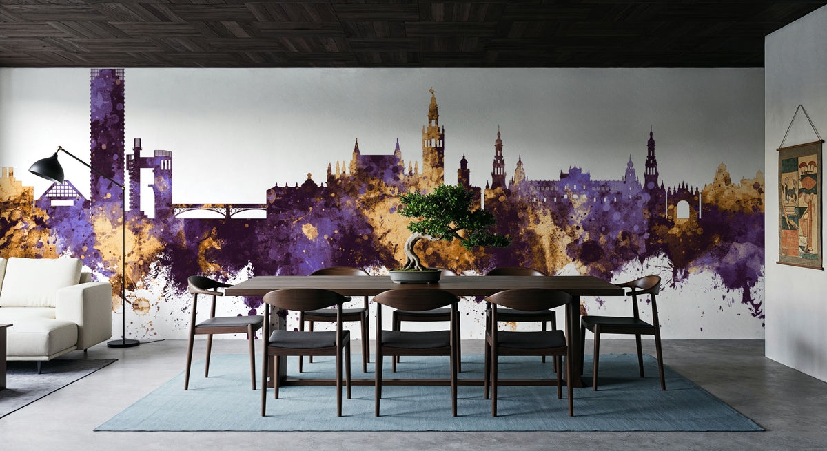 Sevilla Skyline Purple & Gold Mural Wallpaper - room preview 06