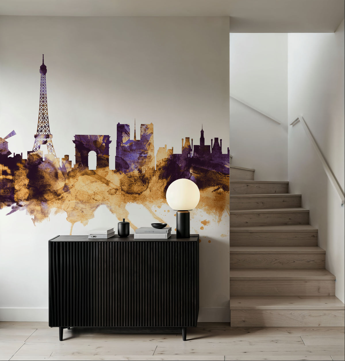 Paris Skyline Purple & Gold Mural Wallpaper - room preview 06
