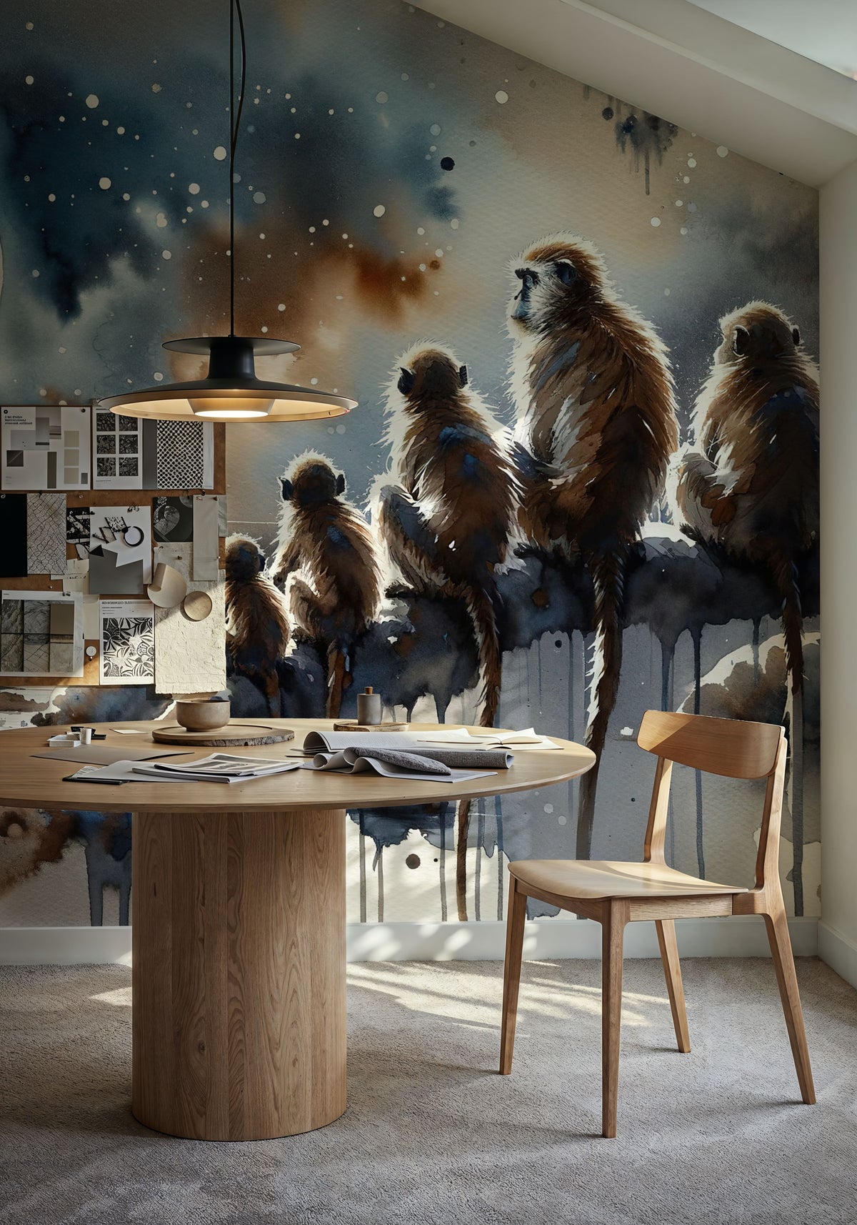 Monkey Family Night Giant Moon Watercolor Mural Wallpaper - room preview 06