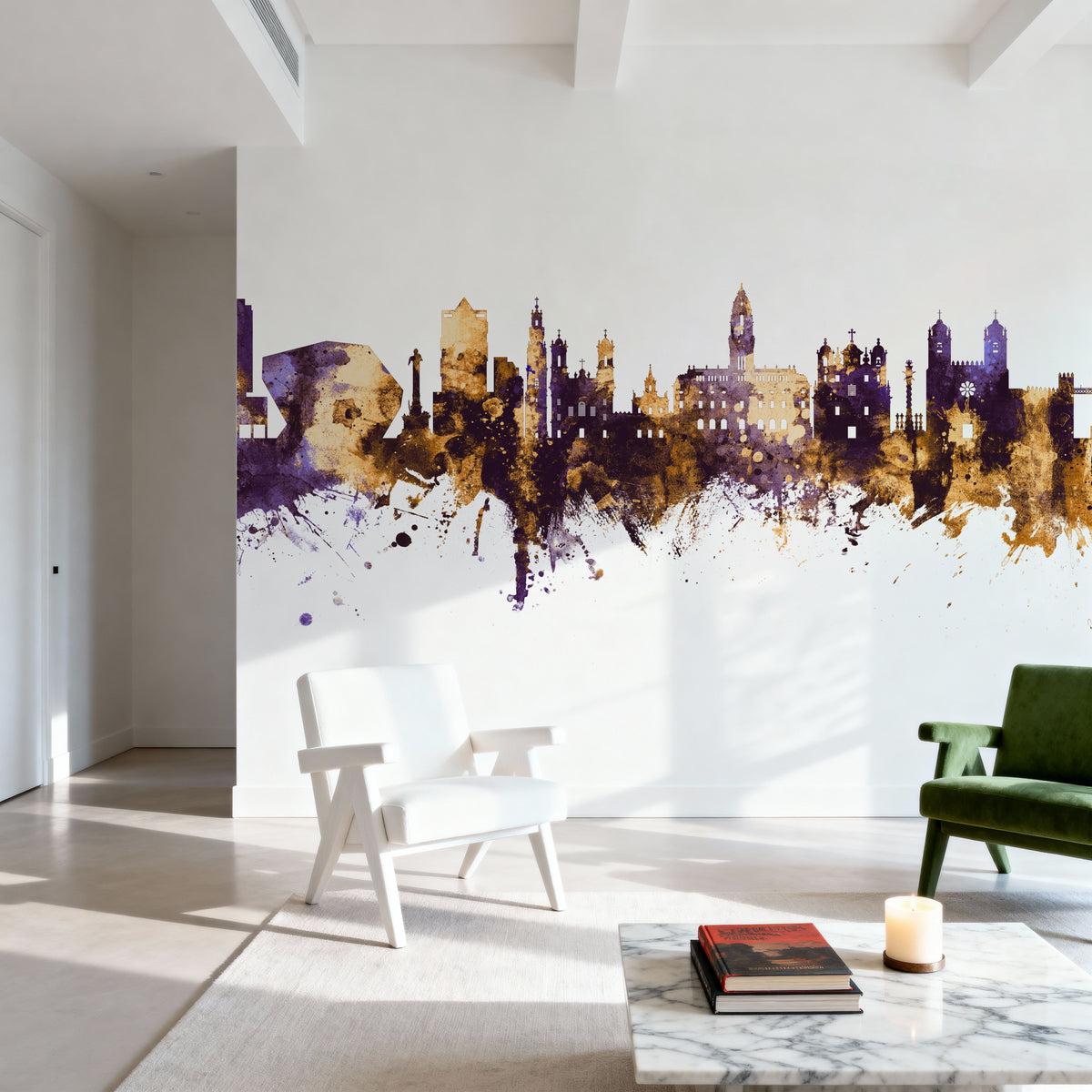 Porto Portugal Skyline Purple & Gold Mural Wallpaper - room preview 06