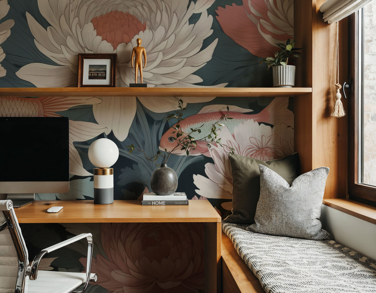 Dancing Fish, Peach on Teal Mural Wallpaper - room preview 06