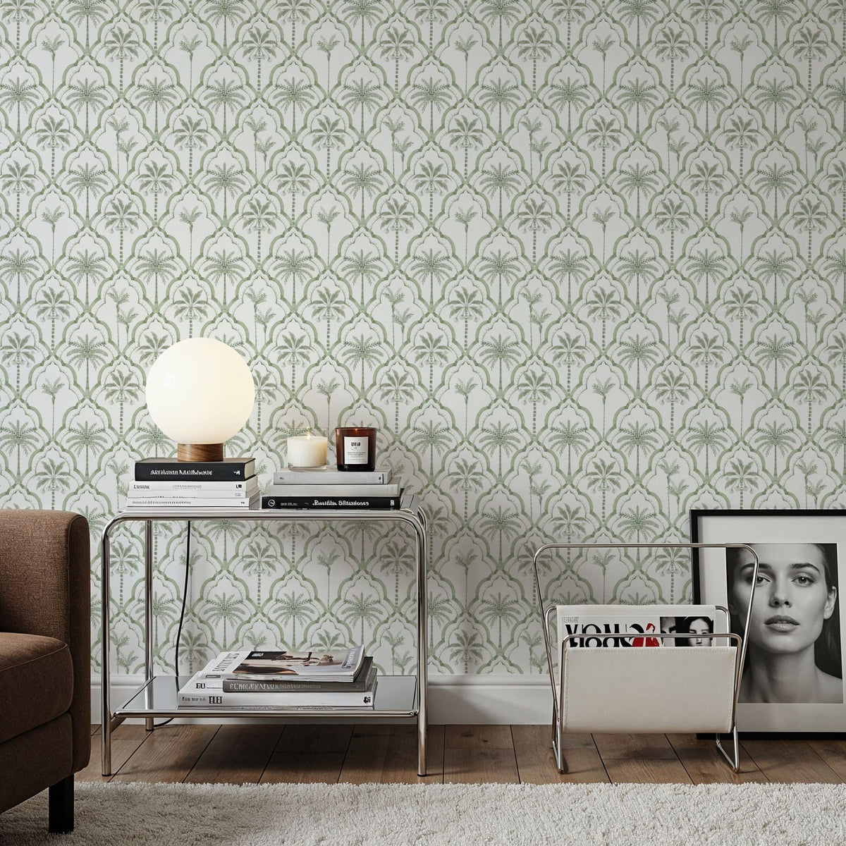 The Palm Lattice, Sage Green Mural Wallpaper - room preview 06
