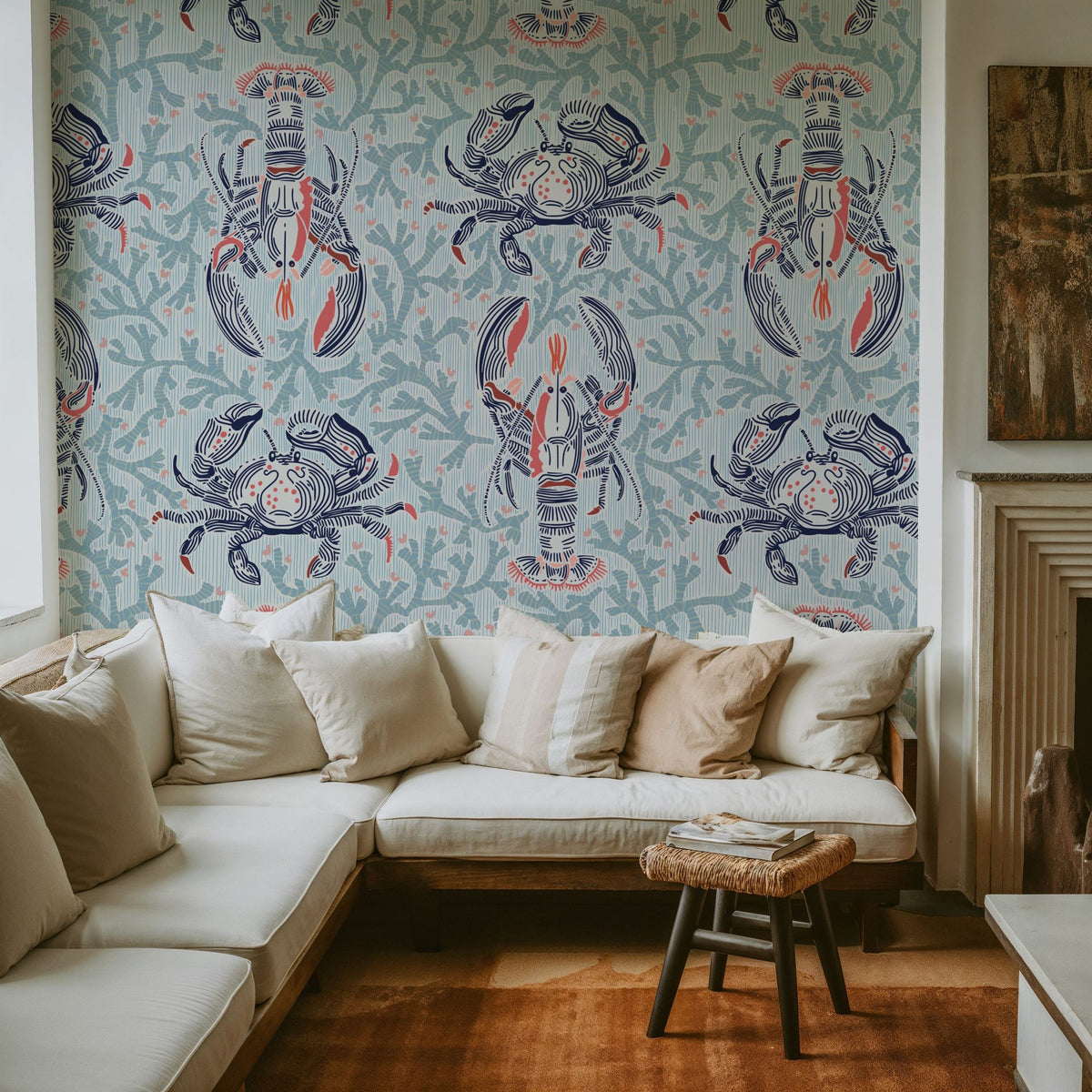 Lobster and Crab Coastal Nostalgia, Mint Mural Wallpaper - room preview 06