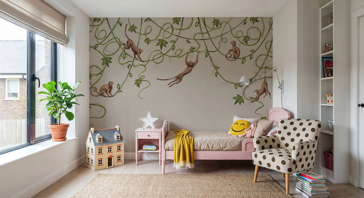 Monkey Jump, Greige Mural Wallpaper - room preview 06