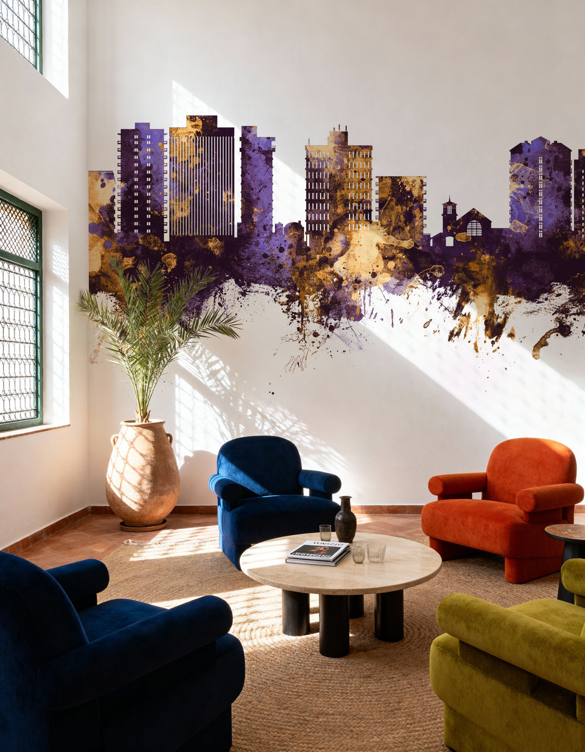 San Mateo California Skyline Purple & Gold Mural Wallpaper - room preview 06