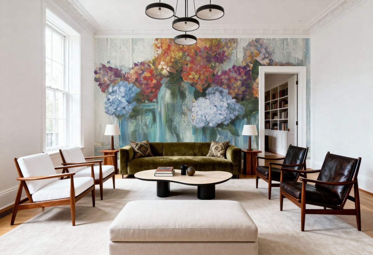 Hydrangeas in Glass Jars Blue Mural Wallpaper - room preview 06