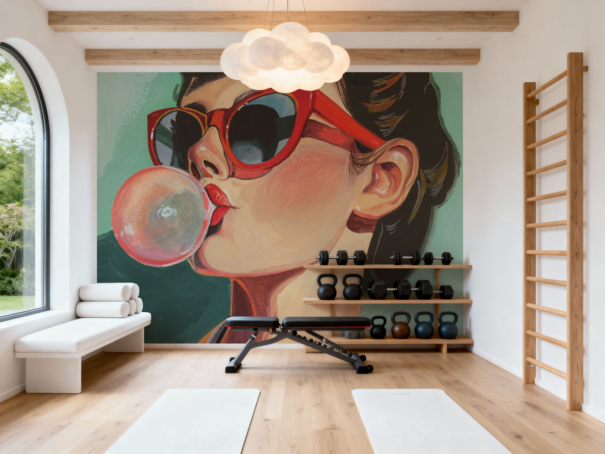Retro Bubblegum Girl Teal Mural Wallpaper - room preview 06