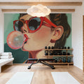 Retro Bubblegum Girl Teal Mural Wallpaper - room preview 06