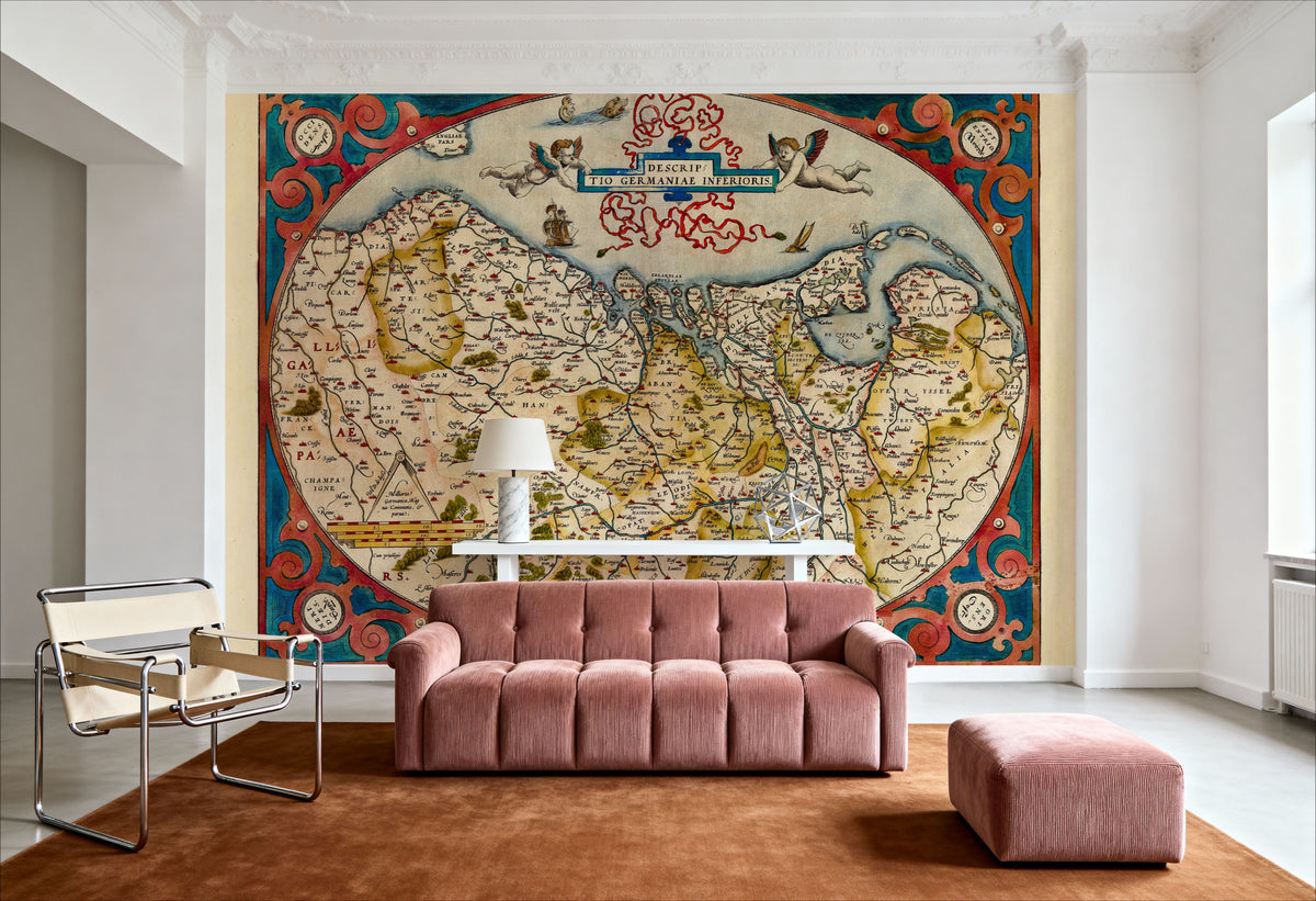 Old Map of Belgium, Netherlands and Germany, 1570 Mural Wallpaper - room preview 06