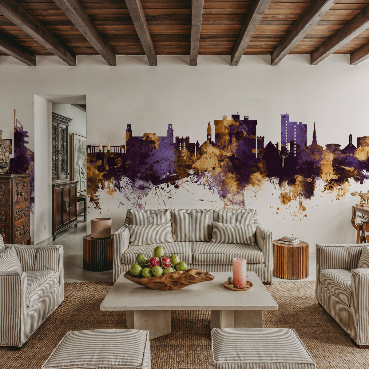 Fayetteville Arkansas Skyline Purple & Gold Mural Wallpaper - room preview 06