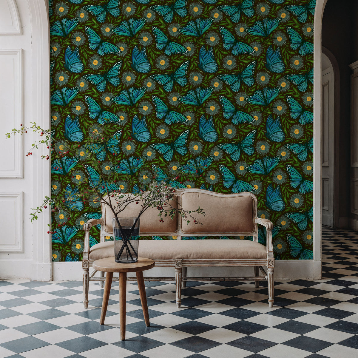 Papillion II, Aqua on Mud Mural Wallpaper - room preview 06