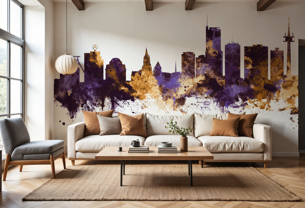 Essen Germany Skyline Purple & Gold Mural Wallpaper - room preview 06