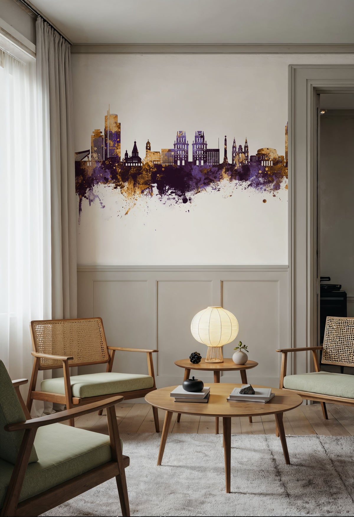 Minsk Belarus Skyline Purple & Gold Mural Wallpaper - room preview 06