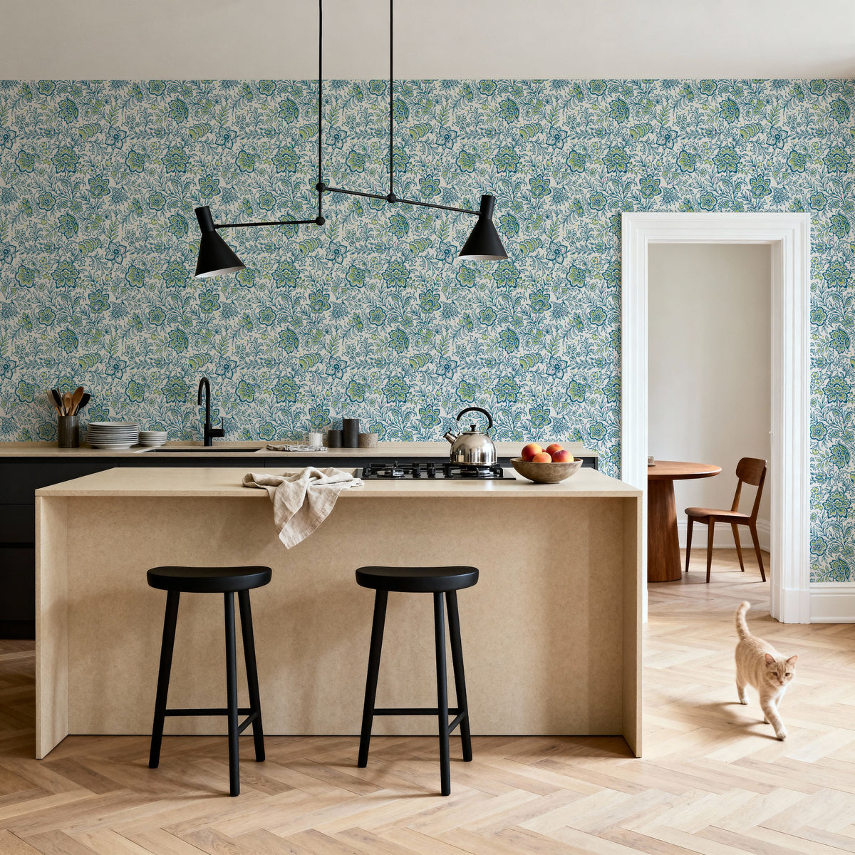 Kala Flowers Blue on White Mural Wallpaper - room preview 06