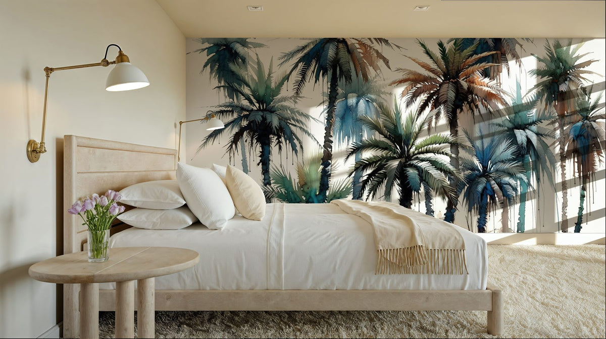 Vibrant Palm Trees in Watercolor Mural Wallpaper - room preview 06
