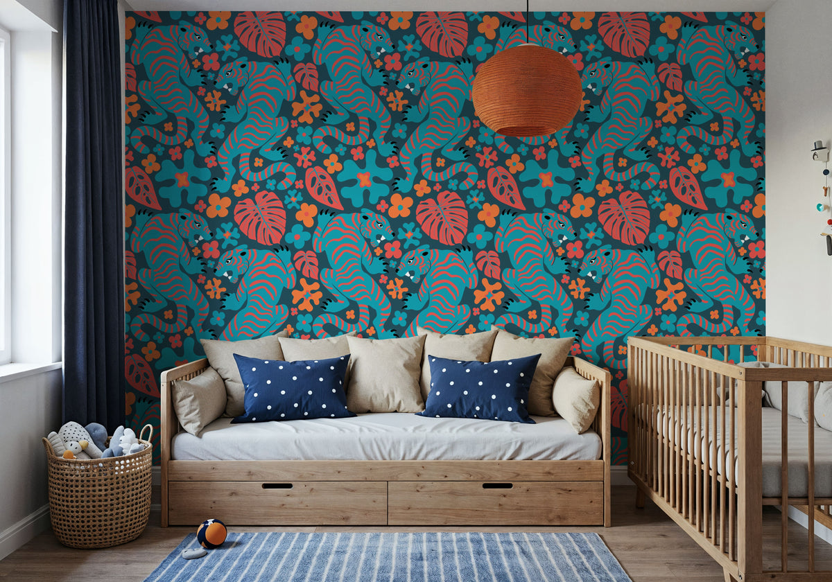 Otomi Cool Tigers, Coral & Teal Mural Wallpaper - room preview 06