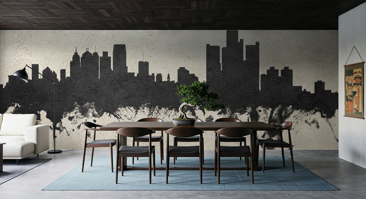 Detroit Michigan Skyline Concrete Mural Wallpaper - room preview 06