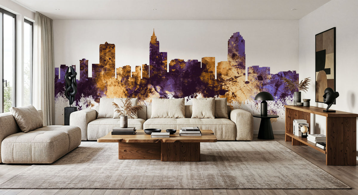 Raleigh North Carolina Skyline Purple & Gold Mural Wallpaper - room preview 06