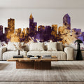 Raleigh North Carolina Skyline Purple & Gold Mural Wallpaper - room preview 06