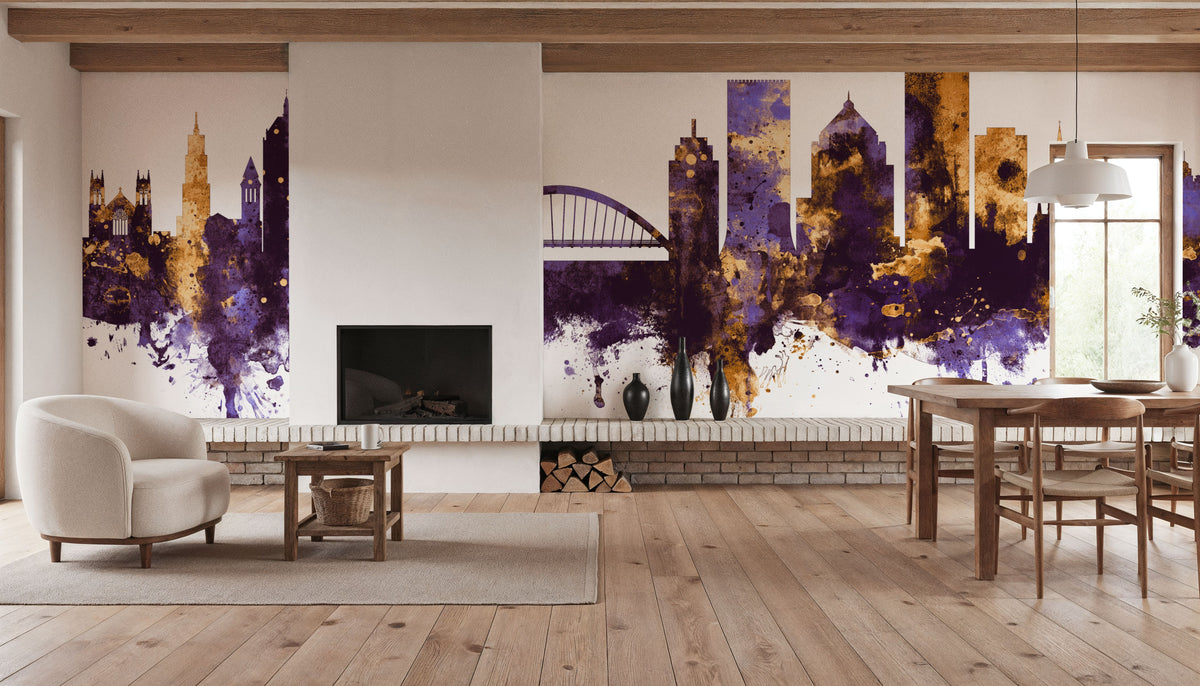 Rochester New York Skyline Purple & Gold Mural Wallpaper - room preview 06