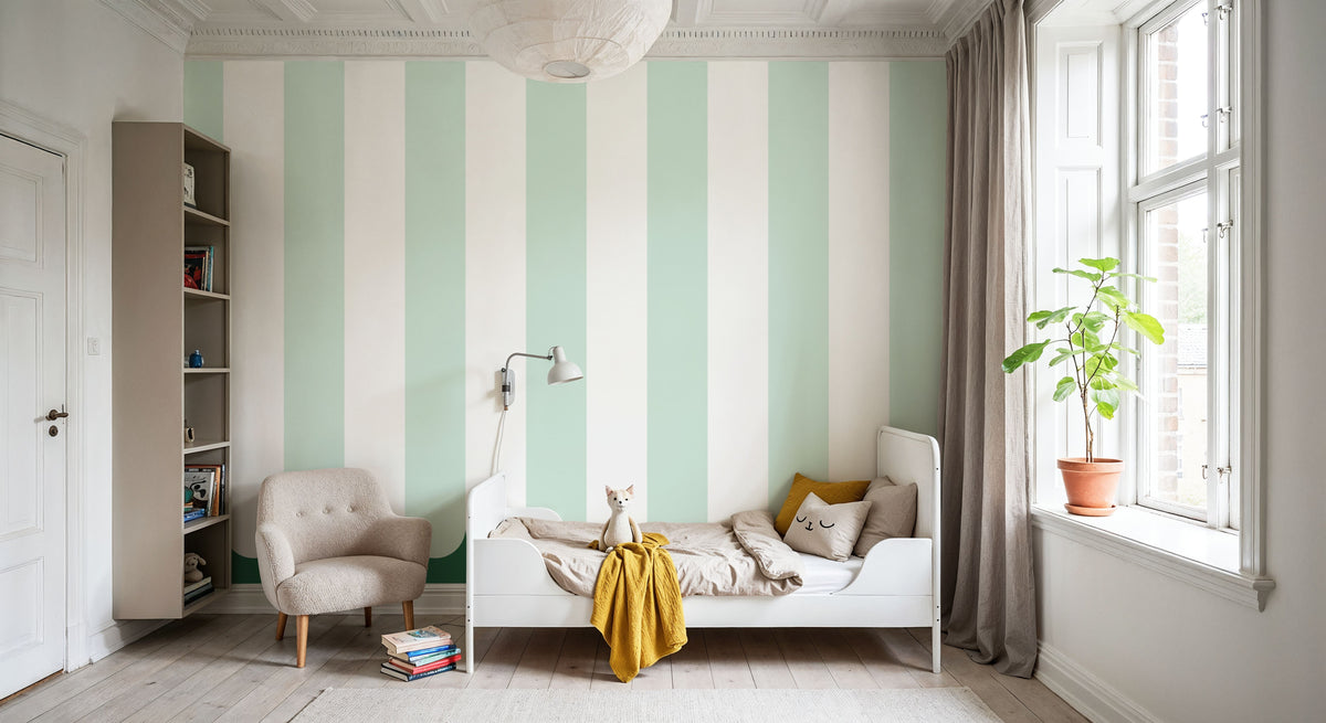 Scalloped Circus Stripes, Mint Green Mural Wallpaper - room preview 06