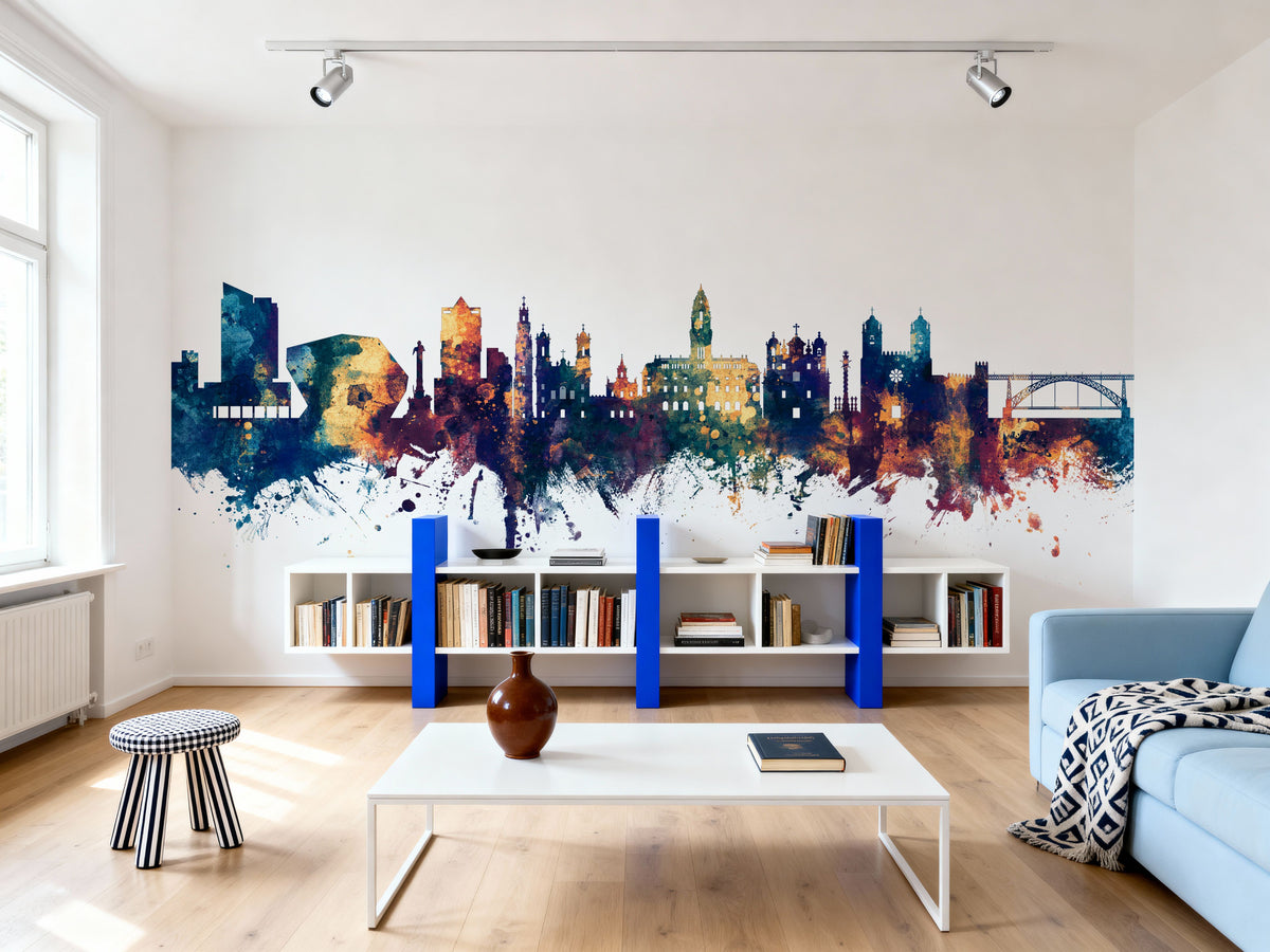 Porto Portugal Skyline Blue & Bronze Mural Wallpaper - room preview 06