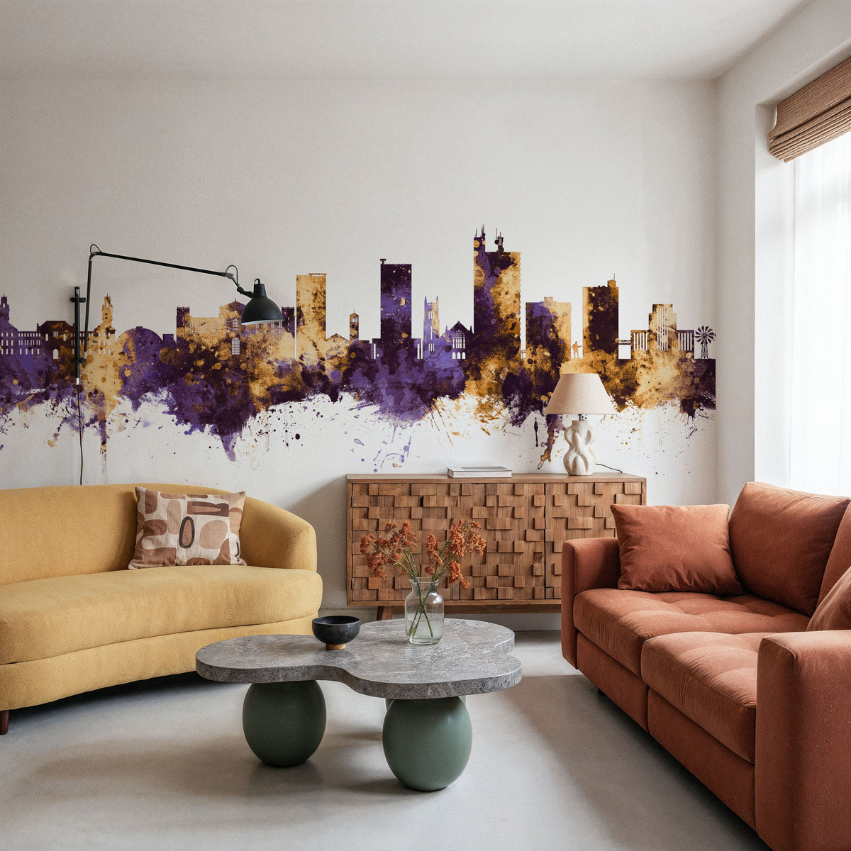 Lubbock Texas Skyline Purple & Gold Mural Wallpaper - room preview 06