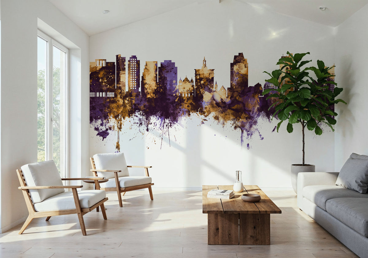 San Jose California Skyline Purple & Gold Mural Wallpaper - room preview 06