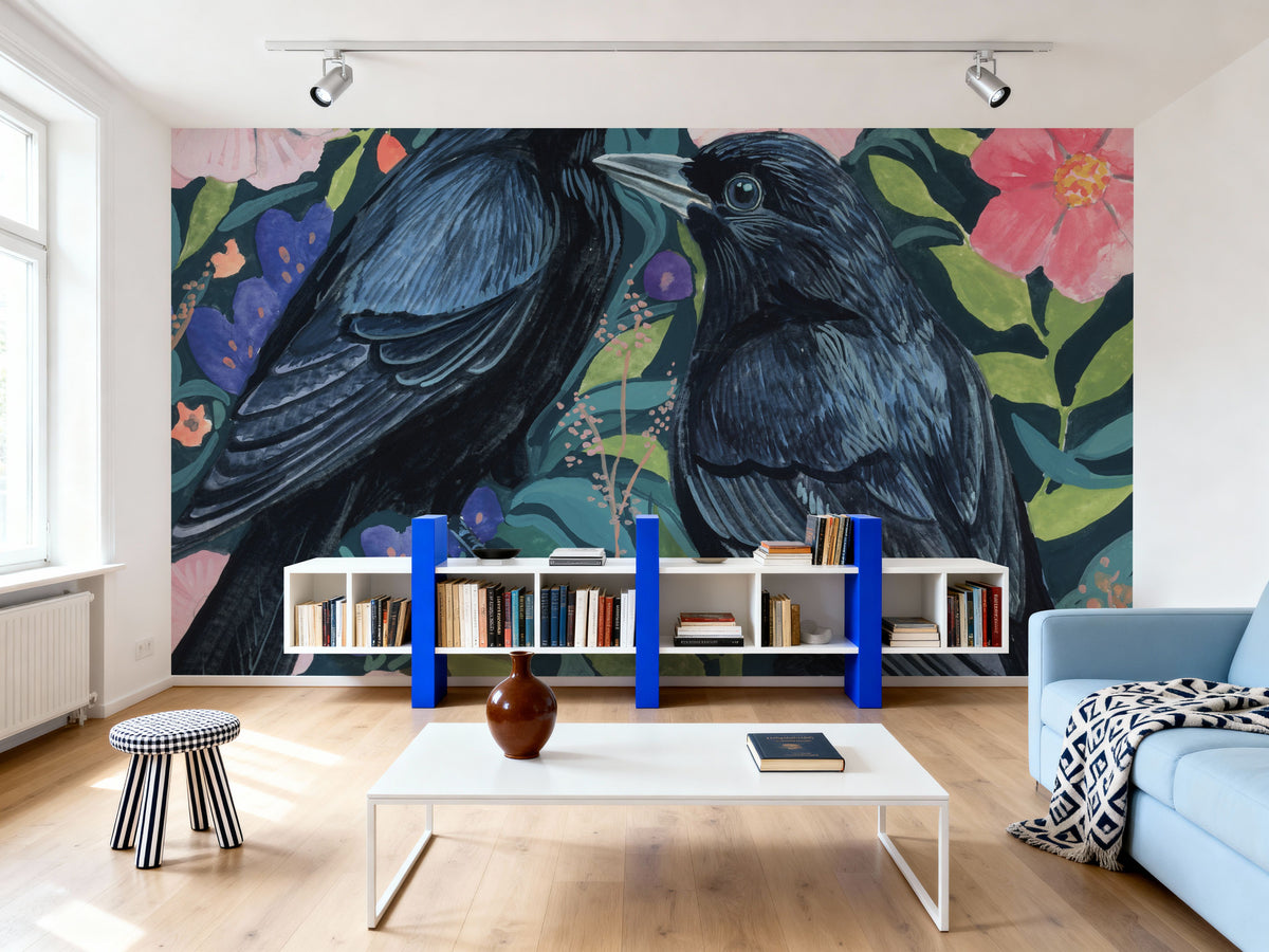 Two Crows on Flowers Mural Wallpaper - room preview 06