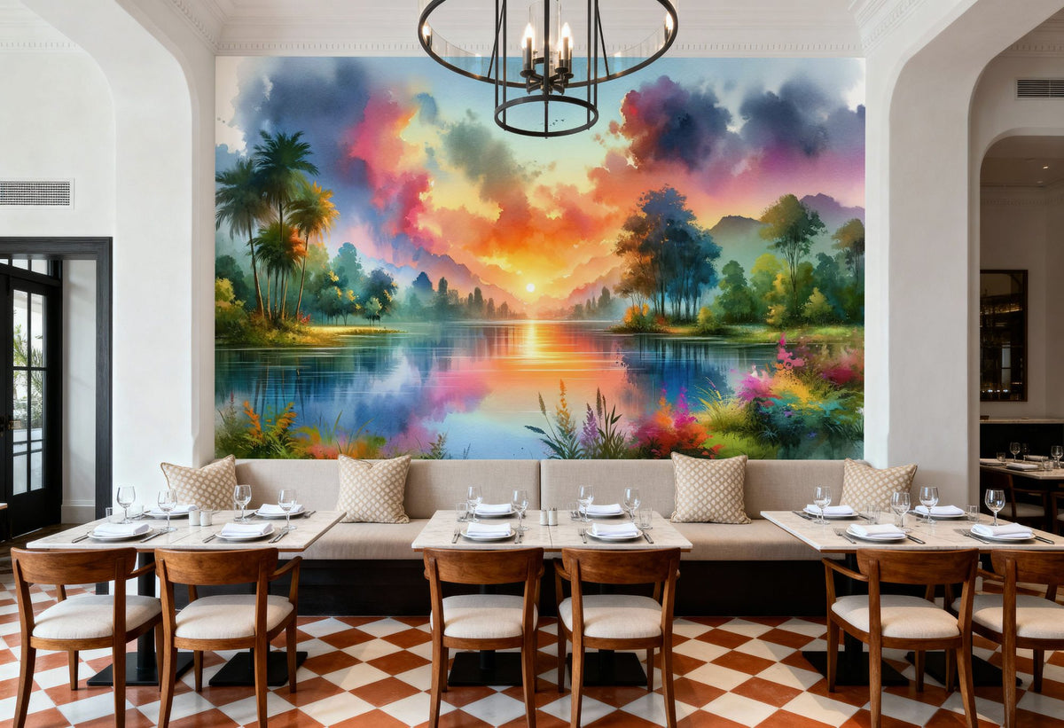Vibrant Sunset Over Serene Lake Mural Wallpaper - room preview 06