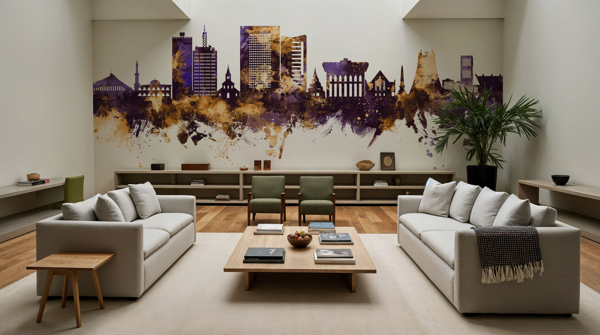 Yaoundé Cameroon Skyline Purple & Gold Mural Wallpaper - room preview 06