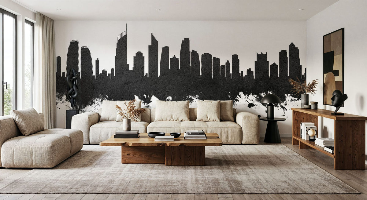 Gold Coast Australia Skyline Black & White Mural Wallpaper - room preview 06