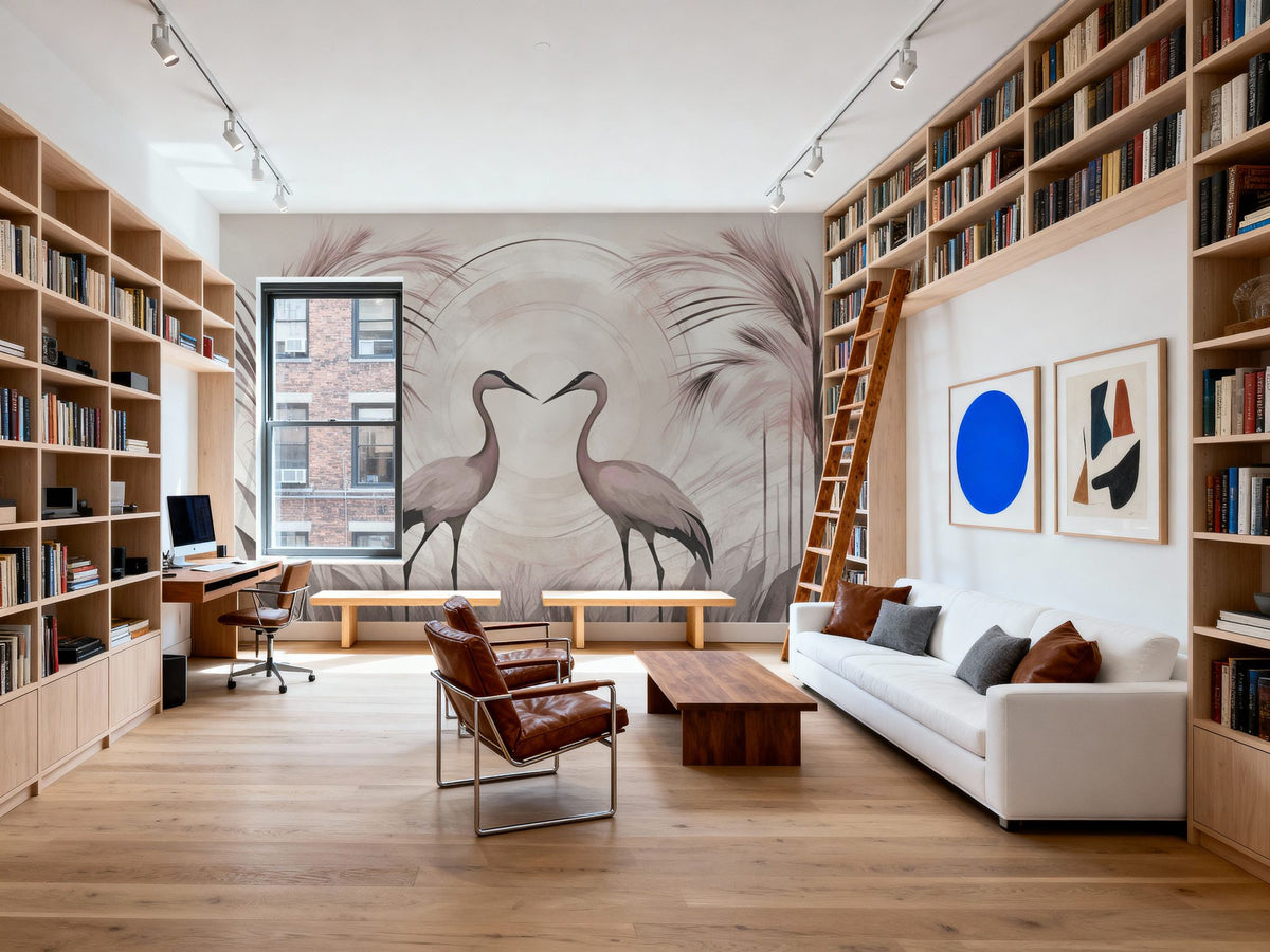 Cranes At Sunset Smoke Mural Wallpaper - room preview 06