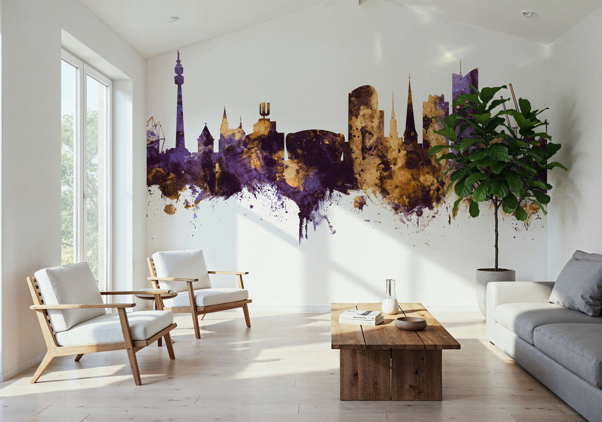 Dortmund Germany Skyline Purple & Gold Mural Wallpaper - room preview 06
