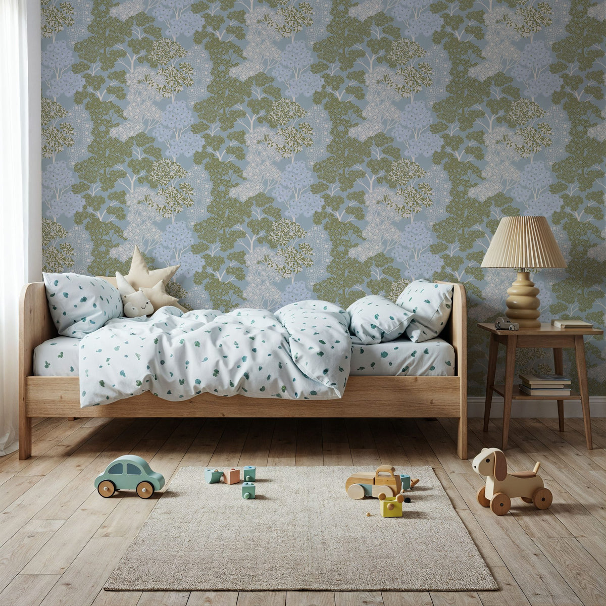 Overleaf Woodland Pattern, French Blue Mural Wallpaper - room preview 06