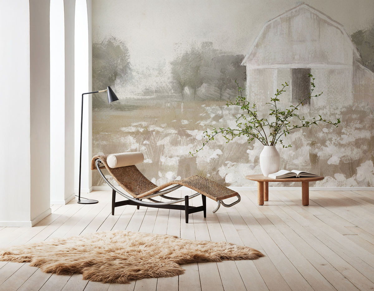 White Barn Meadow Neutral Mural Wallpaper - room preview 06