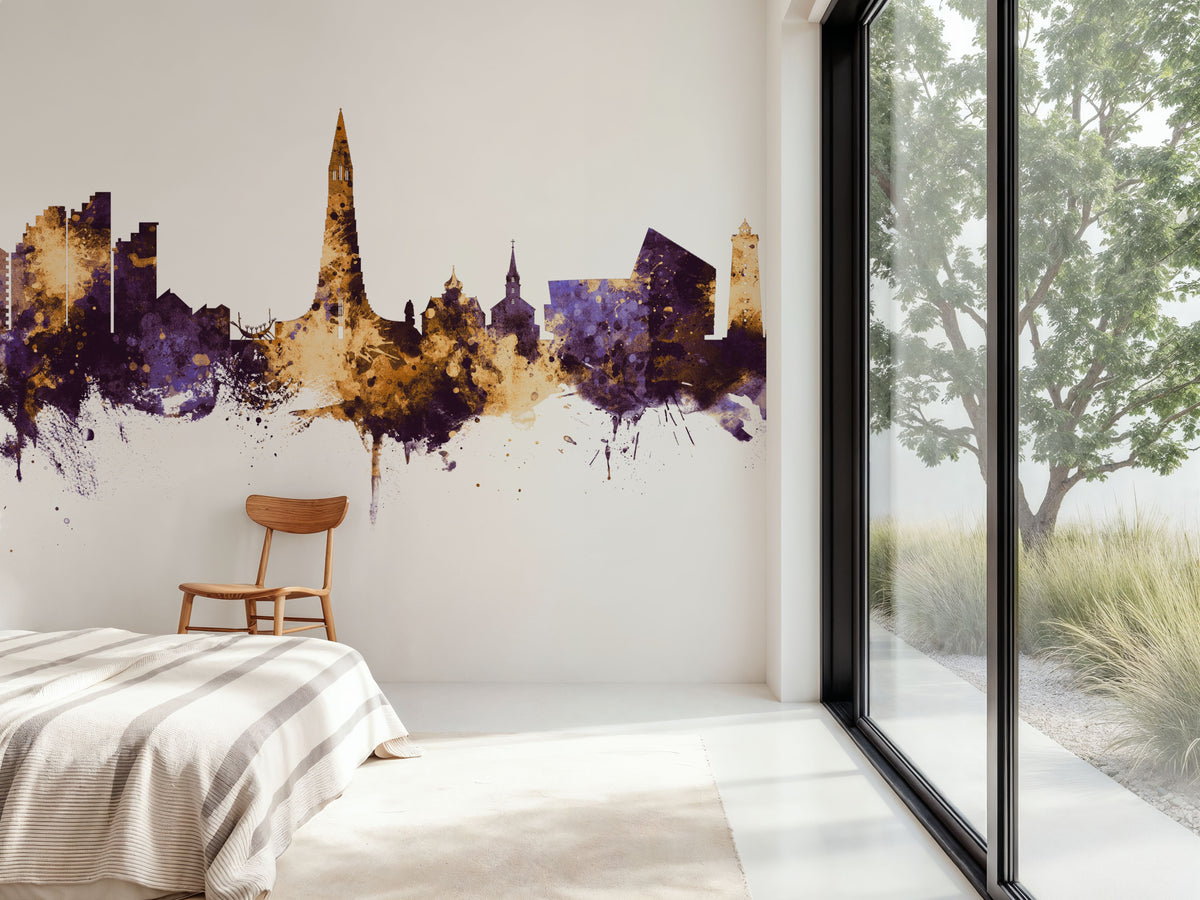 Reykjavík Skyline Purple & Gold Mural Wallpaper - room preview 06