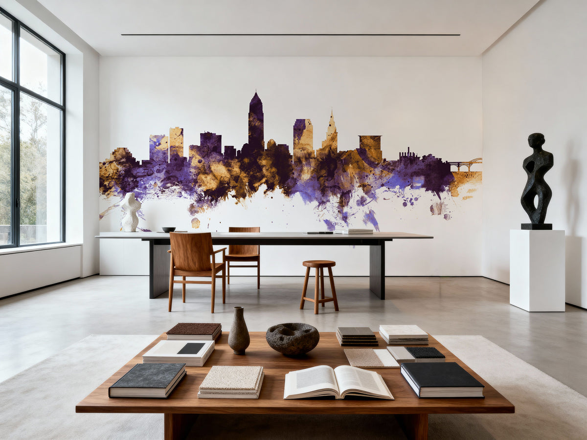 Cleveland Ohio Skyline Purple & Gold Mural Wallpaper - room preview 06