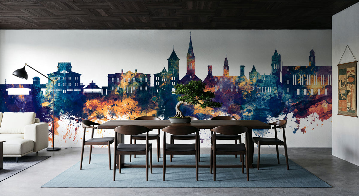 New Bern North Carolina Skyline Blue & Gold Mural Wallpaper - room preview 06