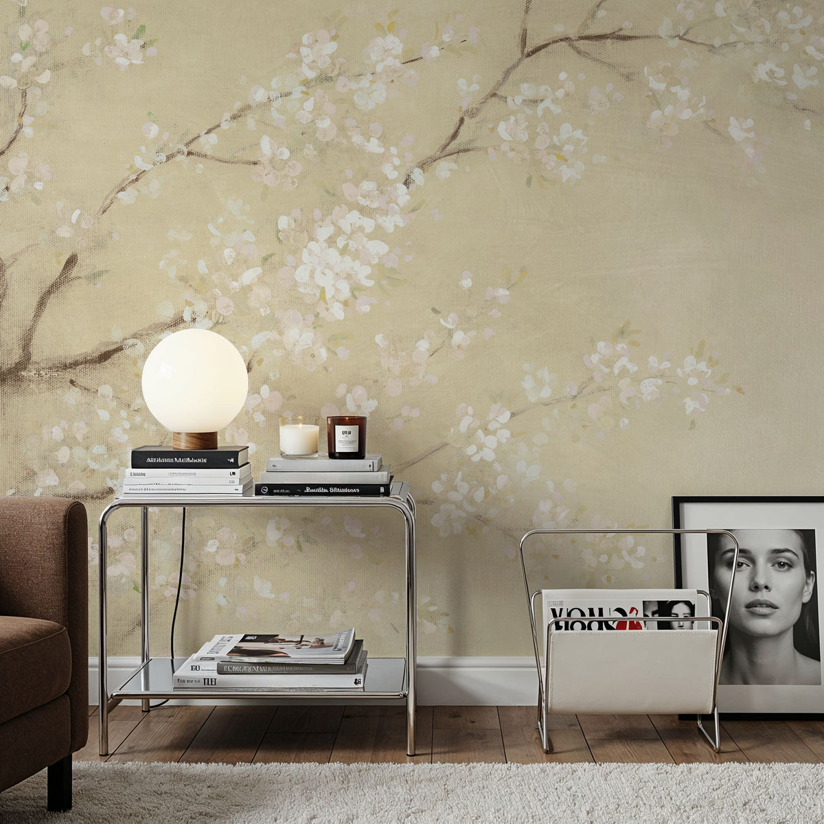 White Cherry Blossoms I Linen Mural Wallpaper - room preview 06