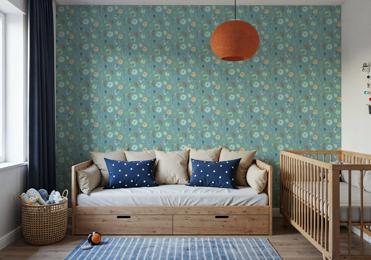 Flutterby Flowers Blue Mural Wallpaper - room preview 06