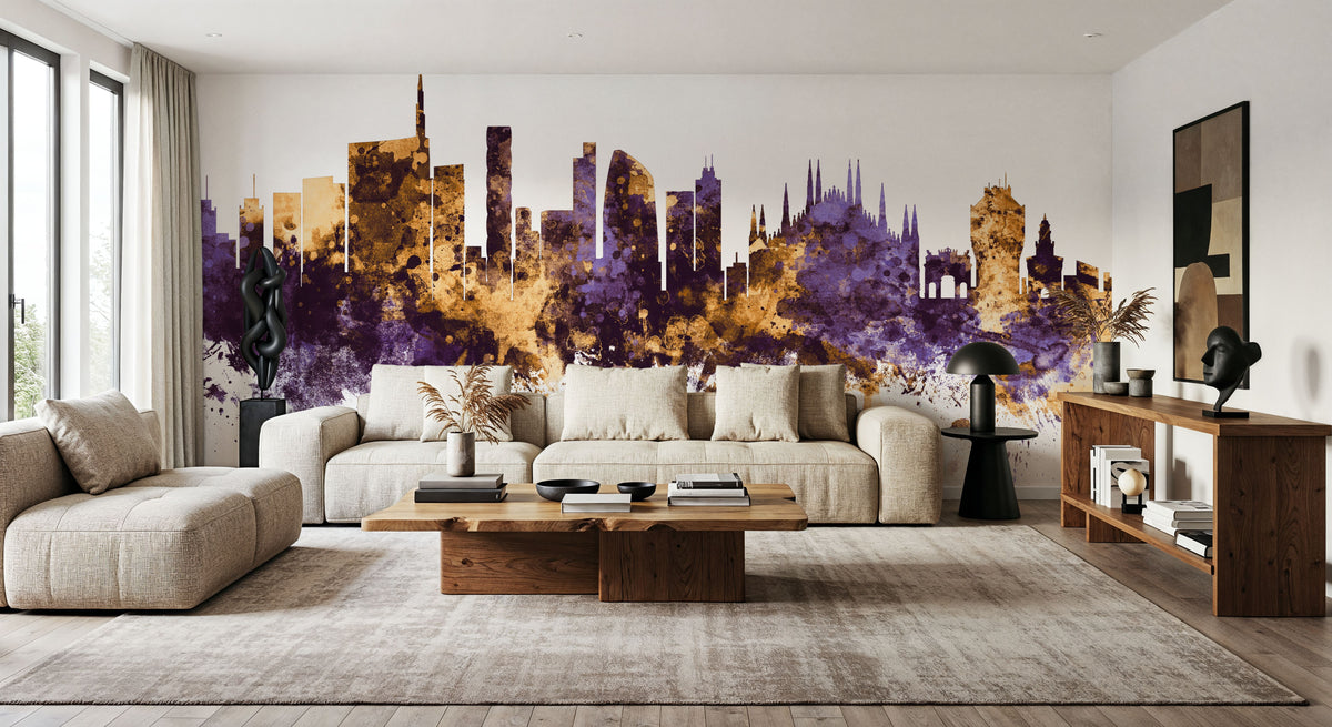 Milan Italy Skyline Purple & Gold Mural Wallpaper - room preview 06